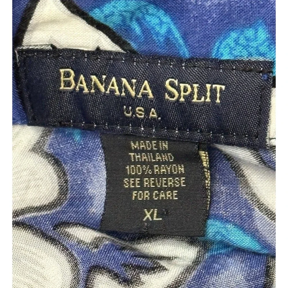 Vintage Hawaiian‎ Shirt Banana Split XL Hibiscus Floral Blue White Rayon Aloha